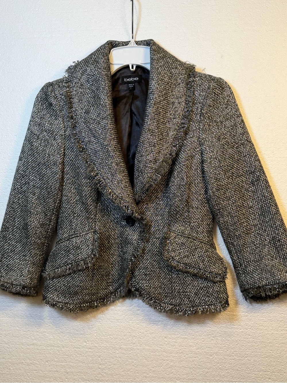 bebe Gray Tweed Fringe-Trim Blazer